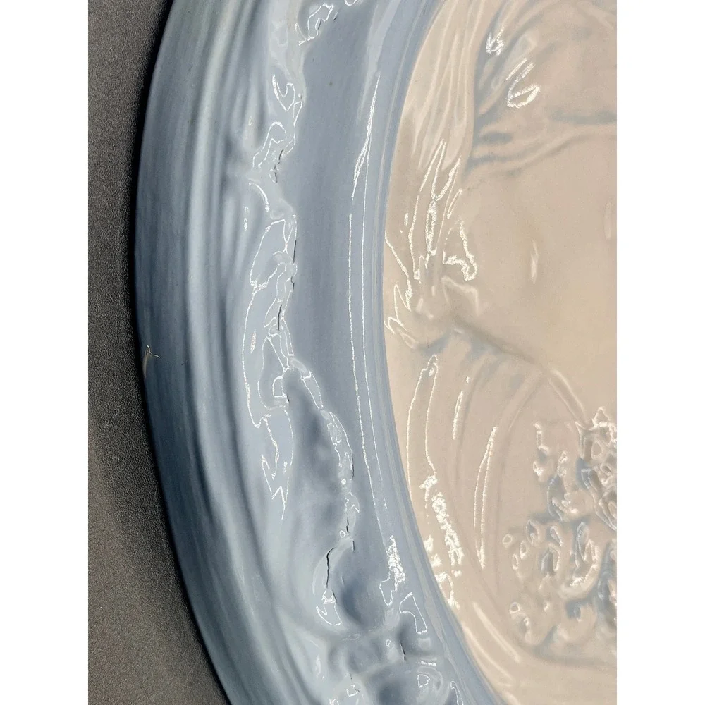 Pair Vtg Chalkware Cameo Wall Plaques Blue‎ White Oval Relief Portraits 12x10.5